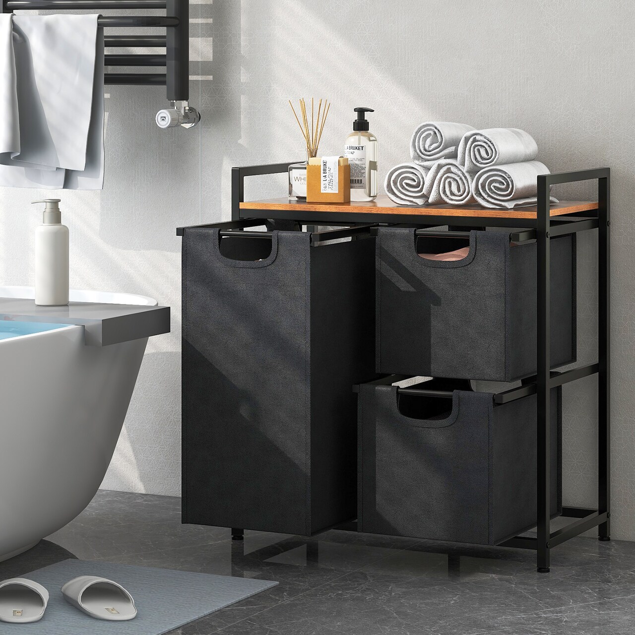 Laundry Basket Organizer with 3 Removable Bags and Storage Shelf